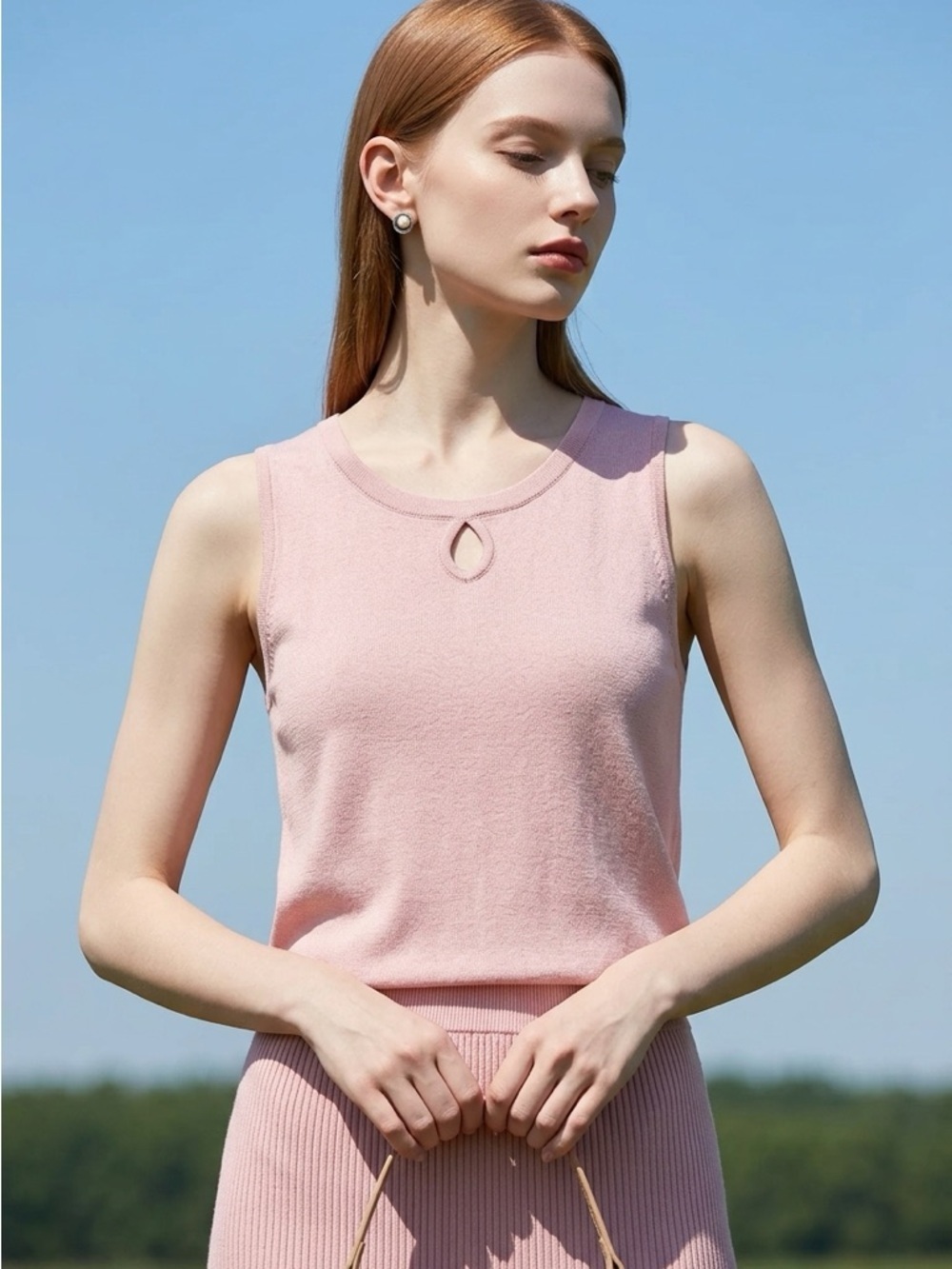 Soft Pink Sleeveless Knit Top | Keyhole Detail | CHIC by Jacob | Large